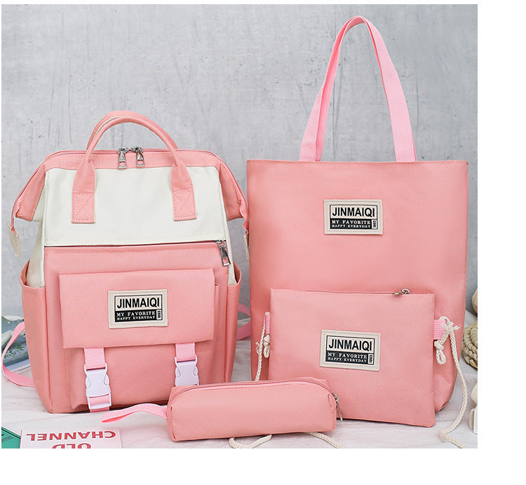 Color: Pink without pendant - Big Clip Four-Piece Set Of Casual College Students Ladies Backpack