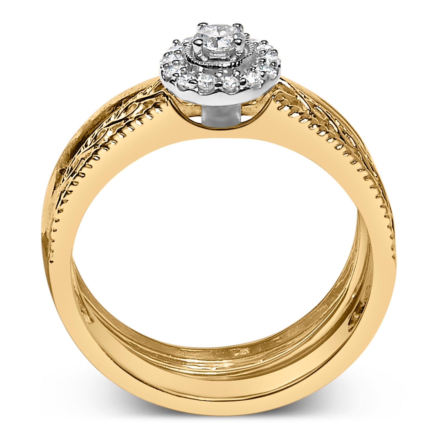 14K Yellow Gold Plated .925 Sterling Silver 1/5 Cttw Diamond Halo Engagement Ring and Wedding Band Set (I-J Color, I3 Clarity) - Size 7