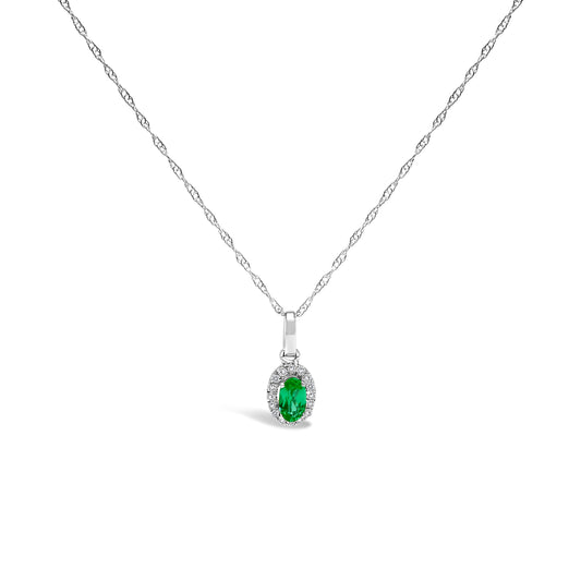 10K White Gold 5x3mm Green Emerald and Diamond Accent Halo Oval Shape 18" Pendant Necklace (I-J Color, I1-I2 Clarity)