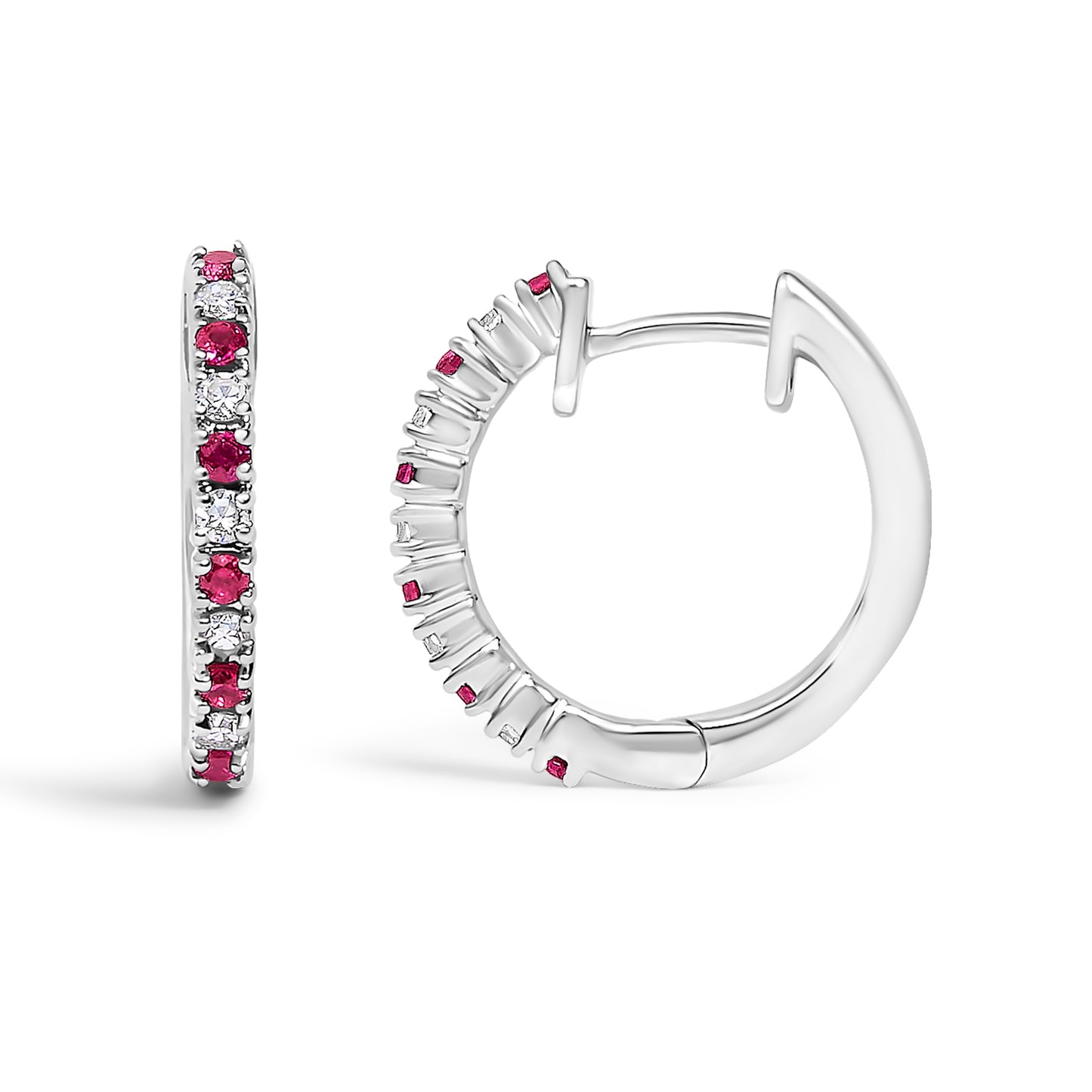 10K White Gold Alternating Diamond and Red Ruby Huggy Hoop Earrings (I-J Color, I1-I2 Clarity)