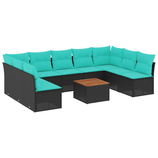 10 Piece Patio Sofa Set with Cushions Black Poly Rattan