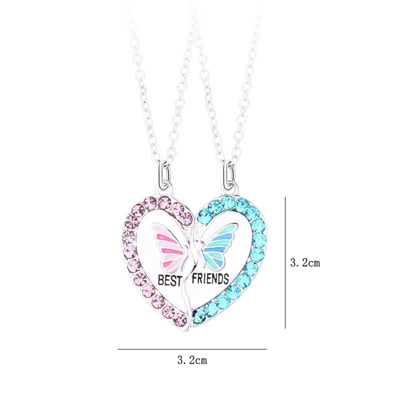 2Pcs/Set Delicate Rhinestone Butterfly Heart Best Friend Necklace BFF Friendship Jewelry Gifts for Kids
