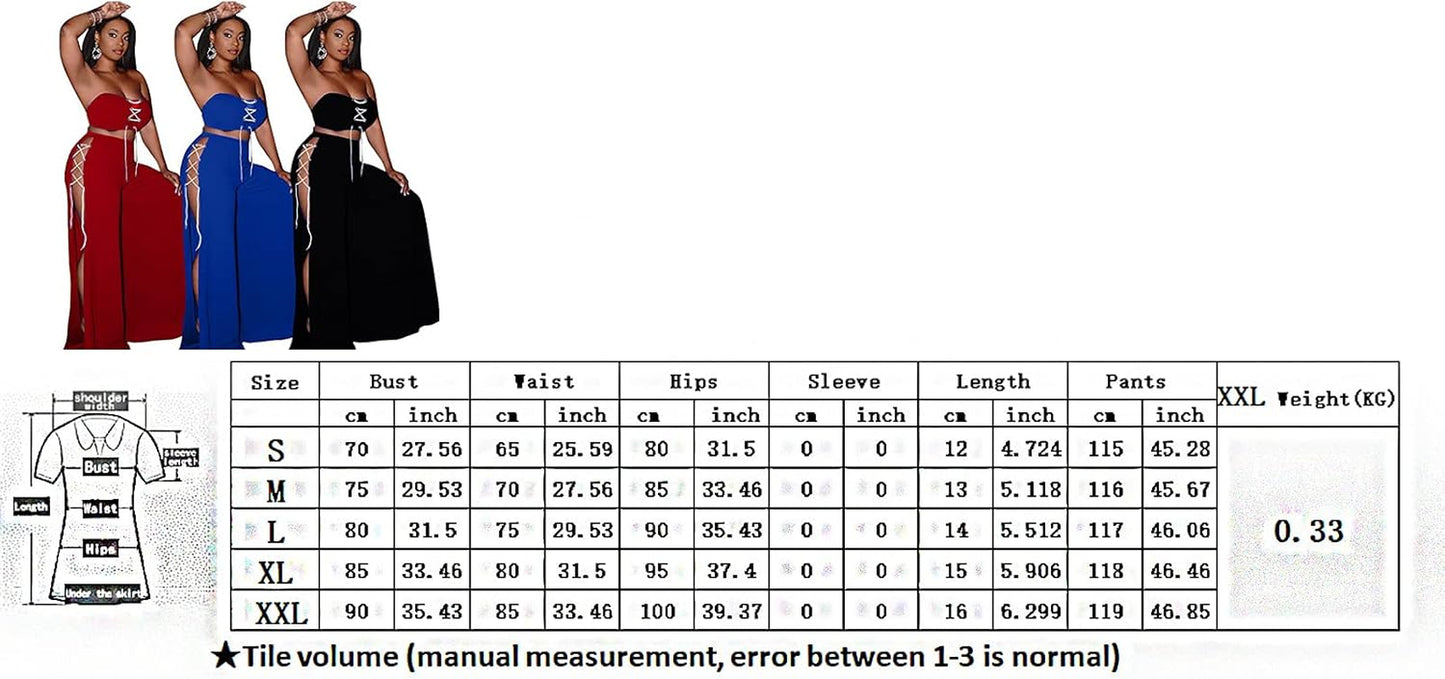 Dressy Rompers for Women Casual Summer Outfits for Women 2 Piece Sets - Sexy off Shoulder Strapless Lace up Crop Tube Tops and High Split Wide Leg Palazzo Long Pants Set Jumpsuits Clubwear Black, S