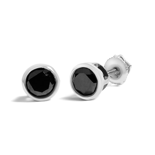 .925 Sterling Silver 3/4 Cttw Round Brilliant-Cut Black Diamond Bezel-Set Stud Earrings with Screw Backs (Fancy Color-Enhanced, I2-I3 Clarity)