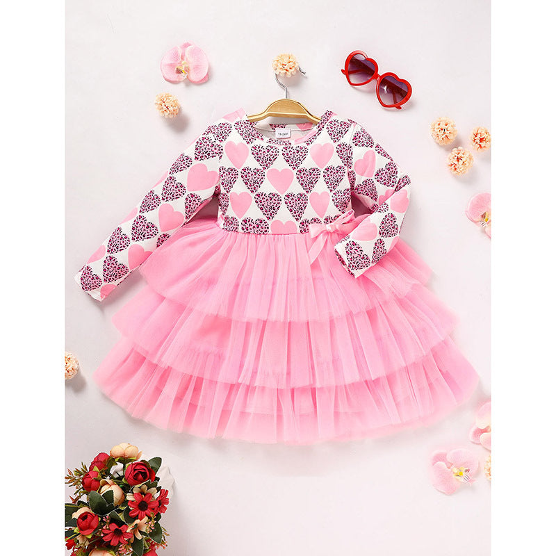 Vestido de gasa de malla con estampado de corazón para niña