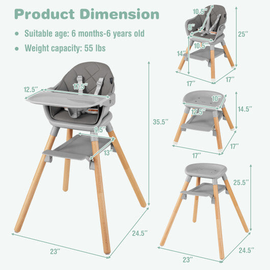 6 in 1 Convertible Highchair with Safety Harness and Removable Tray-Gray - Color: Gray