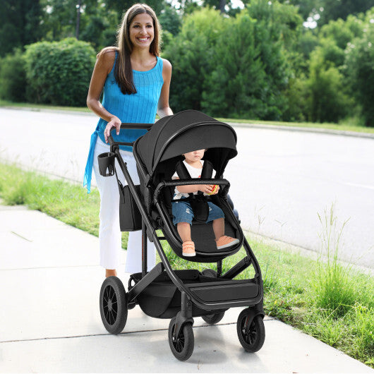 3-in-1 Folding Convertible Newborn Stroller with Detachable Bassinet-Black - Color: Black