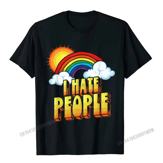 Color: negro, talla: L - Camiseta vintage con estampado "I Hate People", divertida y antisocial, con arcoíris, para hombre. Camiseta de algodón predominante.