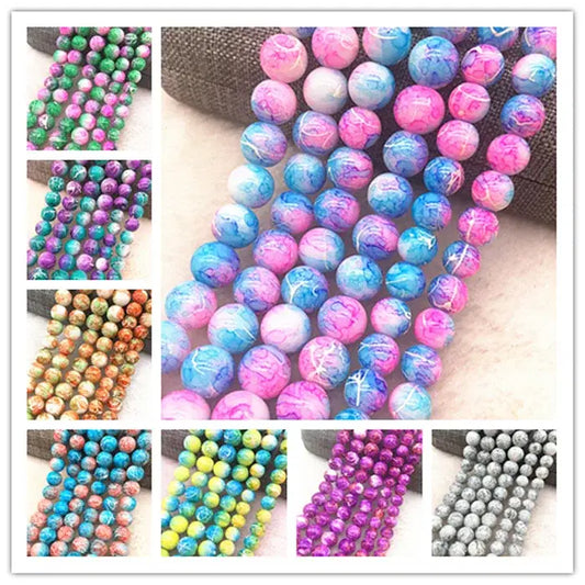 Color: Pale pinkish gray, Item Diameter: 7mm - Wholesale 4/6/8/10mm Glass Beads Round Loose Spacer Beads Pattern For Jewelry Making DIY Bracelet Necklace