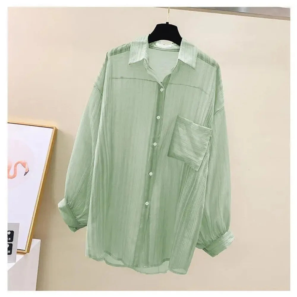 Camisa de verano con protección solar, elegante perspectiva, blusa fina de gasa coreana