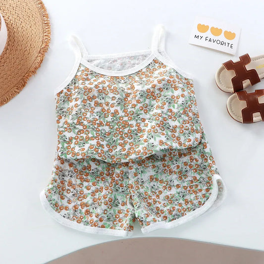 Color: forest green, Ships From: CHINA, Kid Size: 4T - Summer baby girls' baby clothes outfits set thin cotton breathable cool camisole top+shorts suits for girls' baby clothing sets