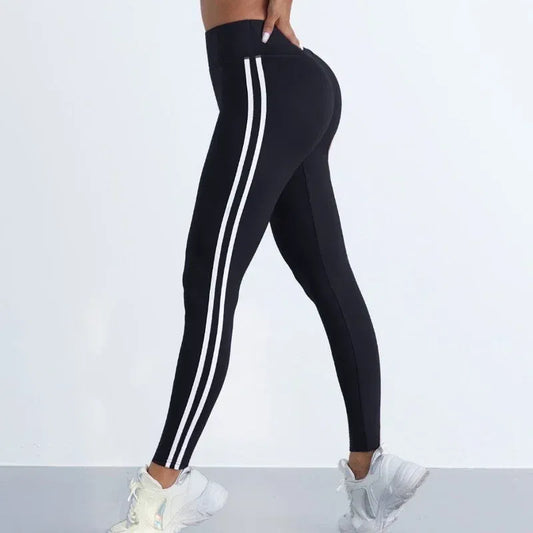 Color: Beige, Talla: L - Leggings de yoga para mujer, pantalones deportivos ajustados a rayas, cintura alta, levantamiento de cadera, mallas casuales, entrenamiento, correr, leggings elásticos para gimnasio