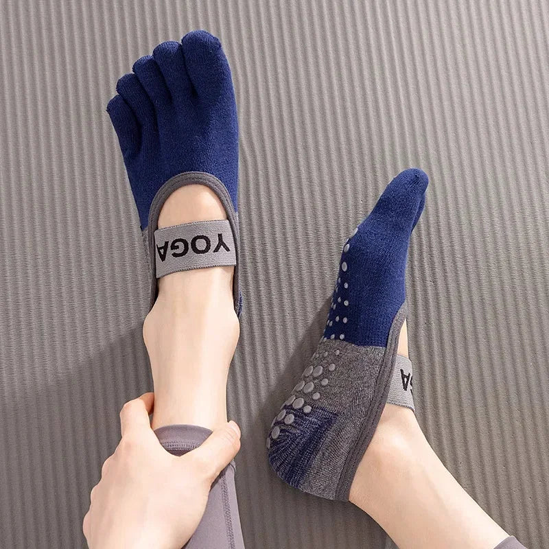 Color: Blue - Ladies Breathable Yoga Socks Silicone Non-Slip Five Finger Pilates Socks for Backless Fitness Ballet Dance Cotton Gym Socks