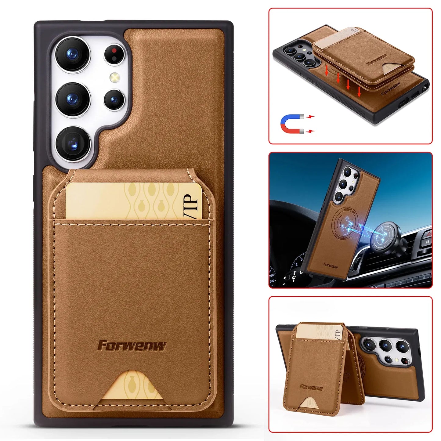 Color: Brown, Compatibility by Model: Galaxy S24+ - Leather Case For Samsung Galaxy A16 A36 A56 A55 A35 A15 A25 S25 S24 Ultra S23 S22 Plus + 2 in 1 Detachable Vertical Wallet Cover