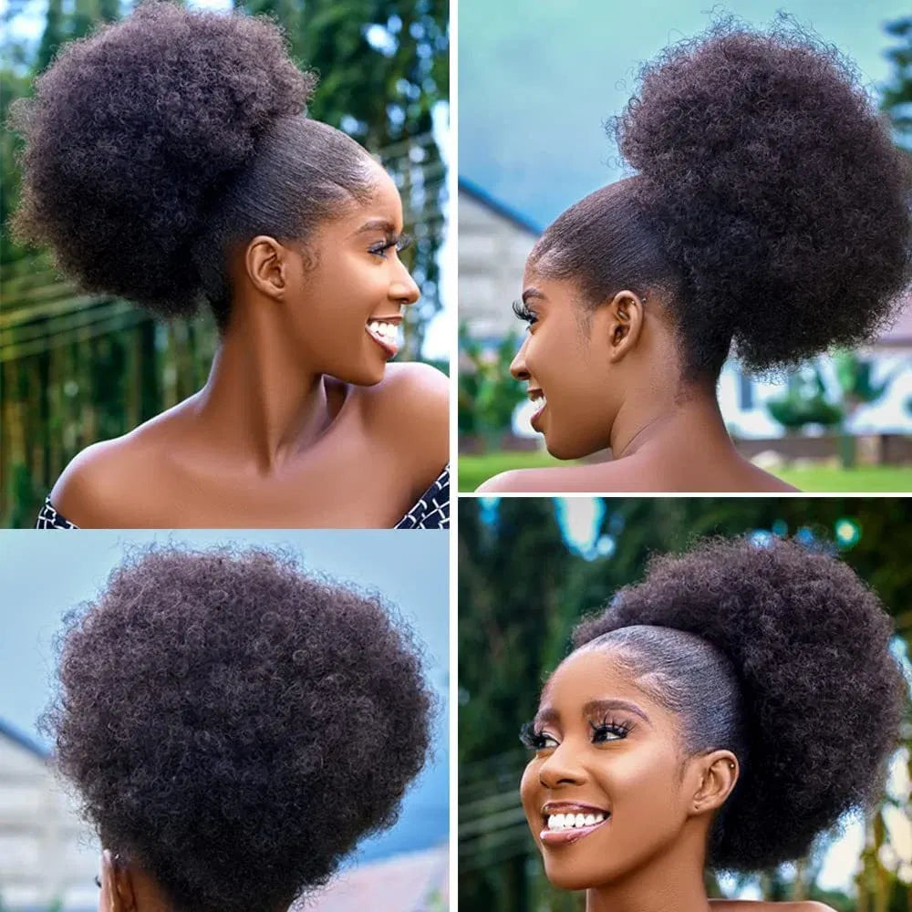Color: T1B/Burgundy - Synthetic Big Afro Puff Drawstring Ponytail Extensions for Black Women 10Inch Kinky Curly Hair Bun Ponytail Wigs Daily Use