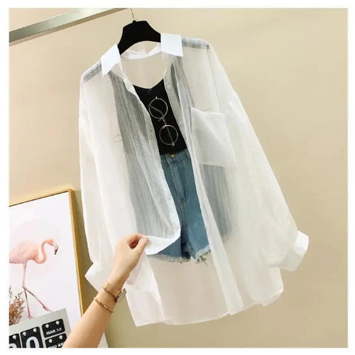 Camisa de verano con protección solar, elegante perspectiva, blusa fina de gasa coreana