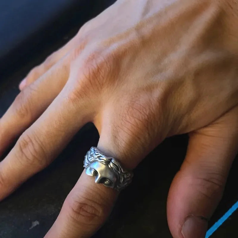 Anillos para hombre Anillo creativo de máscara de Venus, relieve retro tailandés de plata con