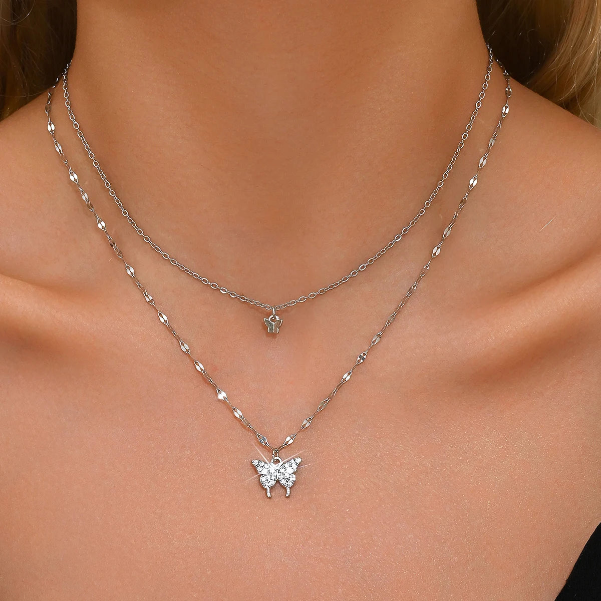1 collar de mariposa de doble capa brillante para mujer Lats exquisito
