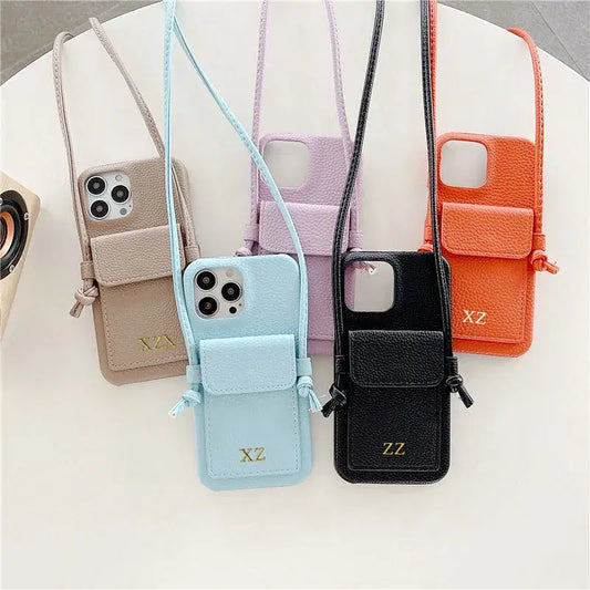 Color: Brown, Material: Nylon - Personalized Gold Silver Letters Leather PU Card Holder Lanyard Hard Case For iPhone 14 13 12 11 15 Pro Max XS XR 16 Plus Cover