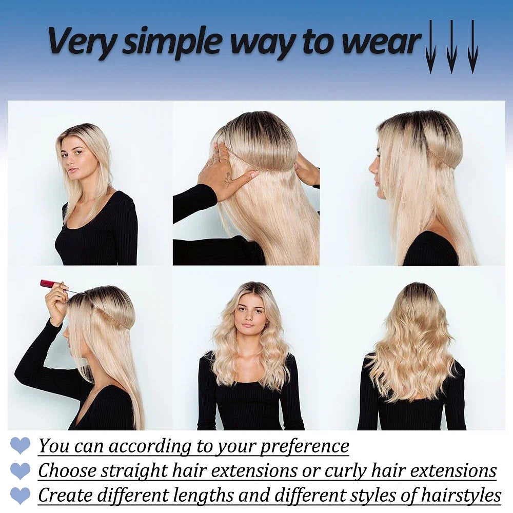 Color: T1B/Red, Stretched Length: 32inches, Ships From: CHINA - Synthetic Natural Wavy No Clip Fish Line Invisible Hair Extensions Mixed Color Blonde Black Artificial False Hair Piece ForWomen