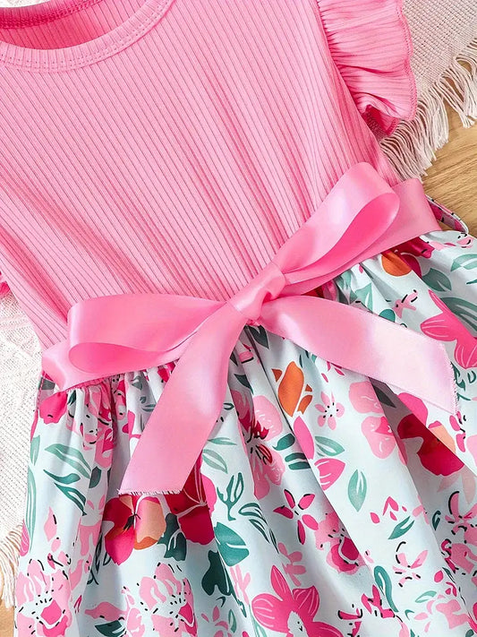 Color: PURPLE, Kid Size: 3T - Sweet Girls Splicing Flower Print Flutter Trim Ribbed Belted Dress