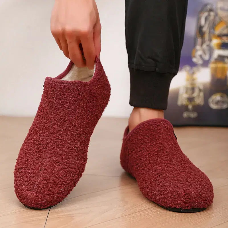 Color: Red, Shoe Size: 40, Ships From: CHINA - Winter Fashion Men Slippers Plush Male Home Cotton Shoes Warm Anti-slip Men's Casual Shoes Flexible Solid Flats 39-47 Slip On