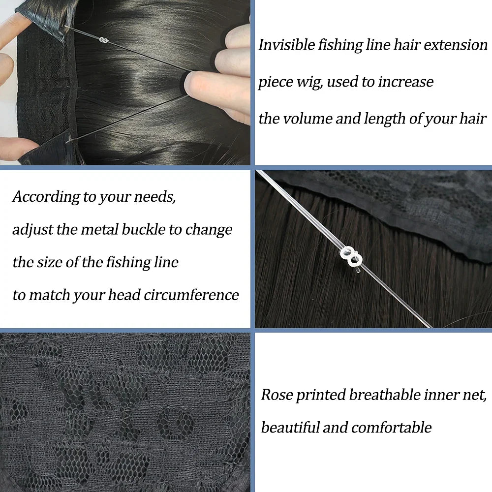 Color: T1B/Red, Stretched Length: 32inches, Ships From: CHINA - Synthetic Natural Wavy No Clip Fish Line Invisible Hair Extensions Mixed Color Blonde Black Artificial False Hair Piece ForWomen