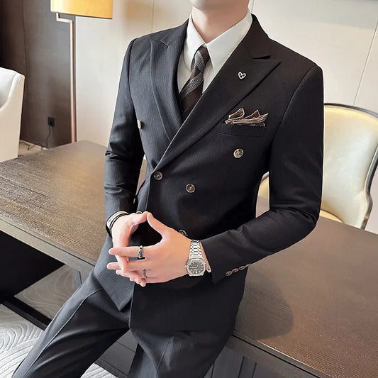 Color: SKY BLUE, Size: XXL - 2025 Men's Double Breasted 3/2 Piece Business Casual Wedding Dress Suit with Trousers Regular Fit Bridegroom High Sense