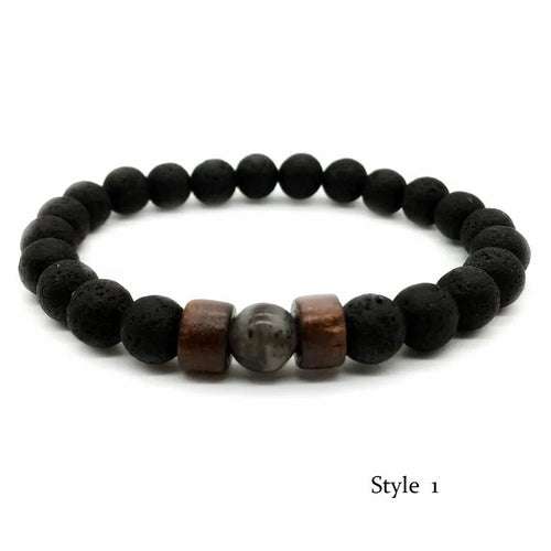Pulsera única de piedra de lava natural para hombre, con cuentas de 8 mm y hebra curativa.