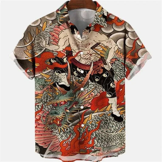 Color: Gold, Size: XXL - Summer Men's Dragon Pattern Element Shirt Social Casual Vintage Hawaiian Shirt 2023 New Oversize Short Sleeve Street Clothing