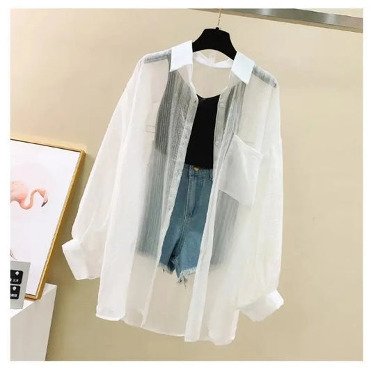 Summer Sunscreen Shirt Elegant Perspective Thin Chiffon Blouse Korean
