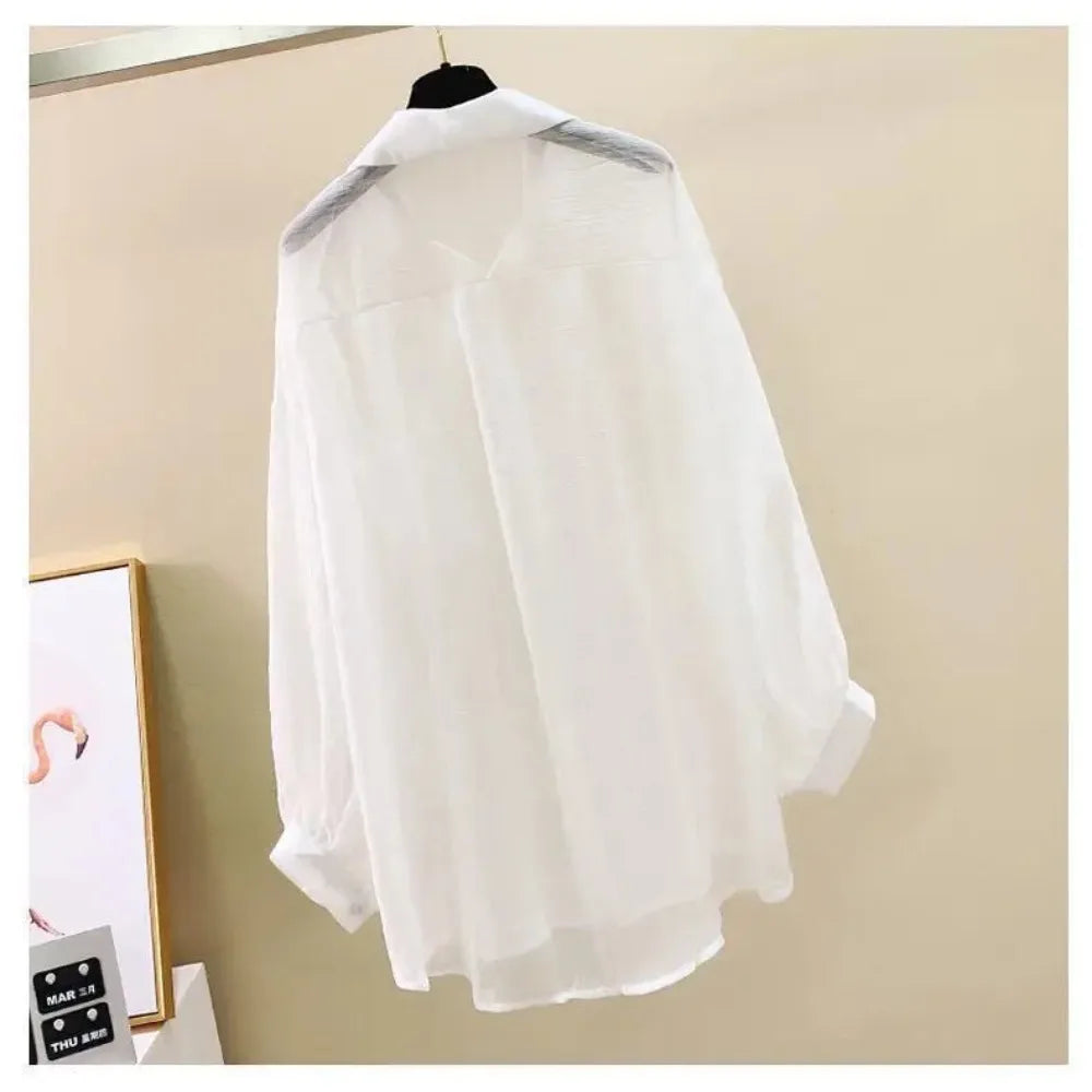 Camisa de verano con protección solar, elegante perspectiva, blusa fina de gasa coreana