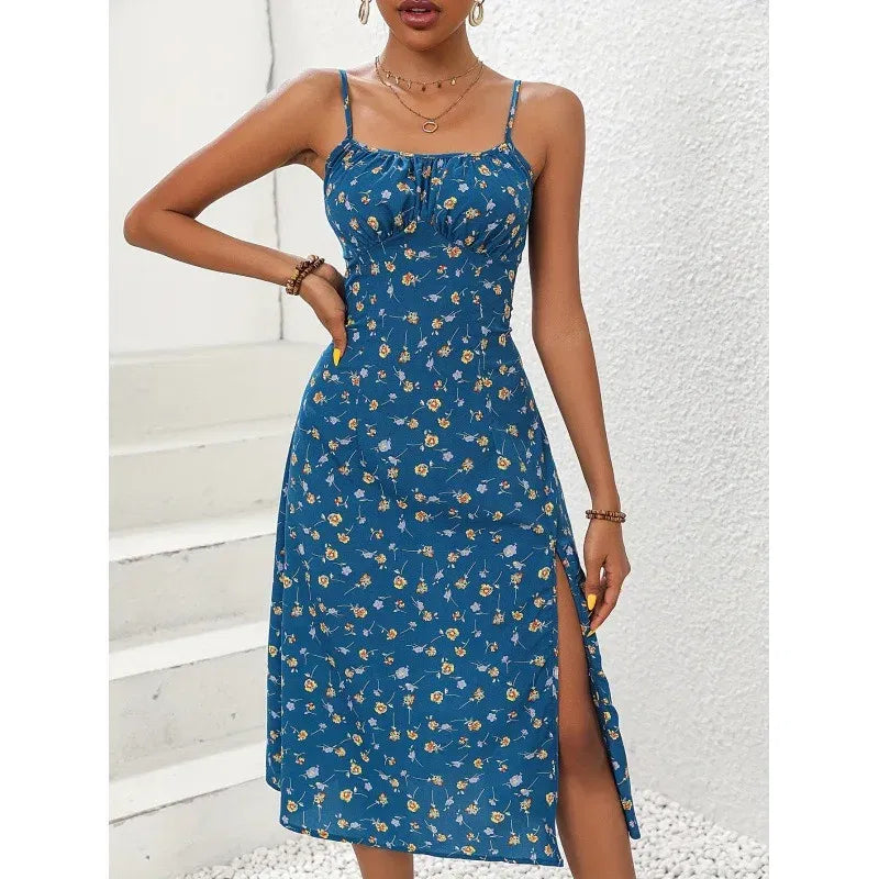 Color: Verde oscuro, Talla: XL - Vestido de verano 2025 con tirantes finos, estampado de lunares, sin mangas, con abertura, estilo bohemio, informal, para playa.