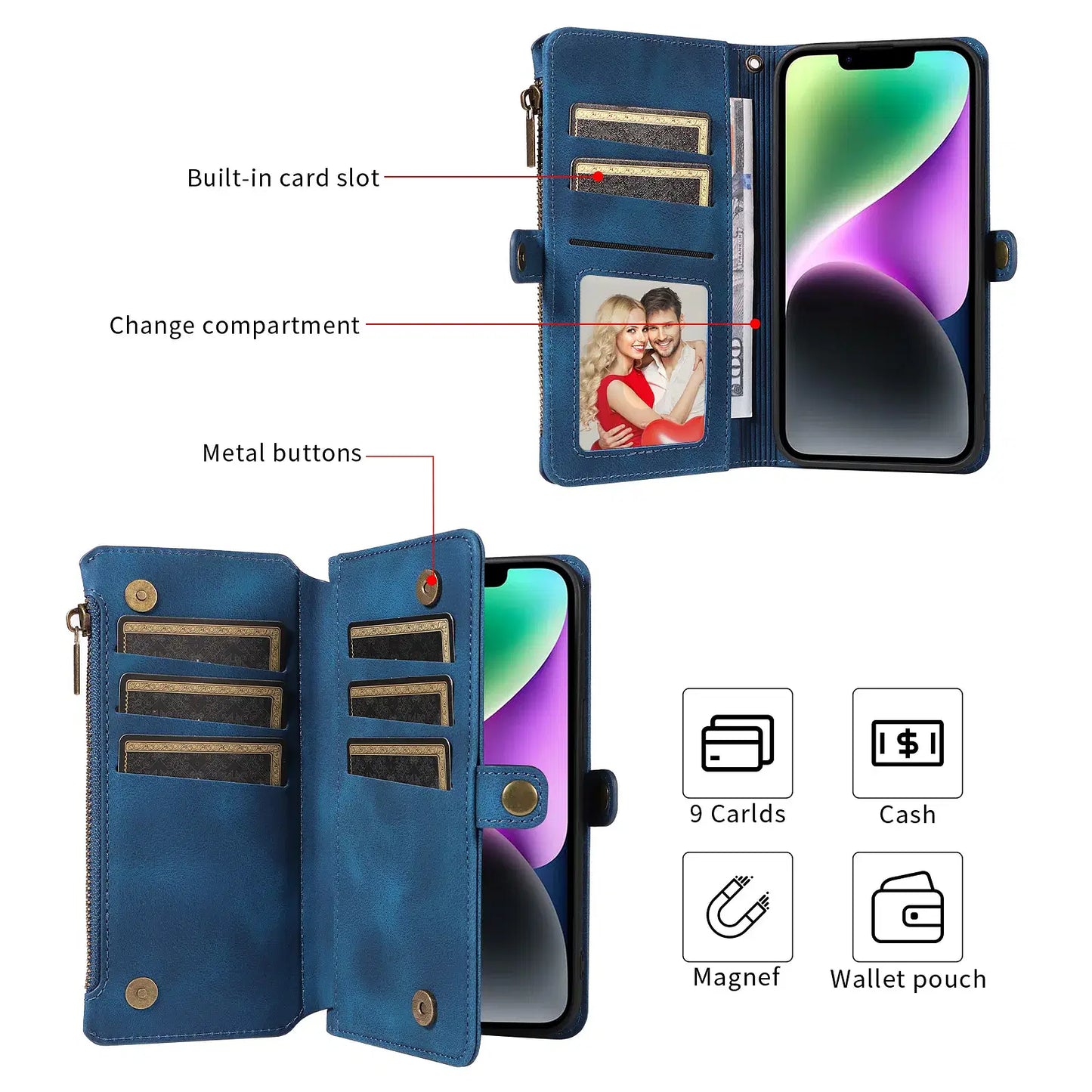 Color: Blue, Material: aluminum - Zipper Multi 9 Cards Wallet Case for OPPO Reno 12 10 8 7 6 5 Pro 11F 11A 8T 6Z 5Z Retro Leather Lanyard Wrist Strap Phone Cover