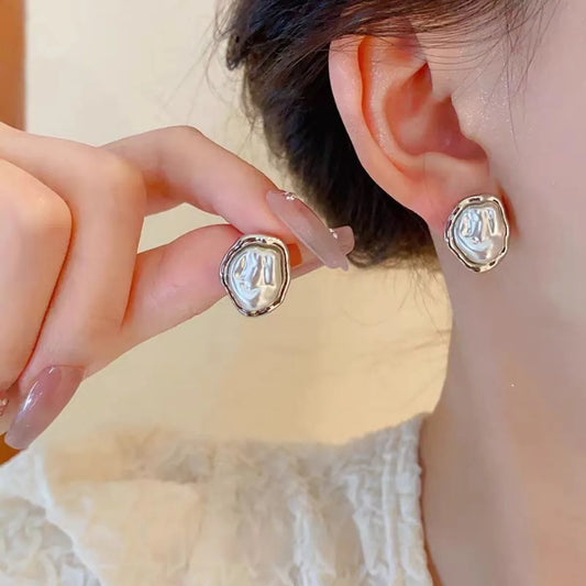 2PC Fashion Metal Irregular Imitation Pearl Stud Earrings Women