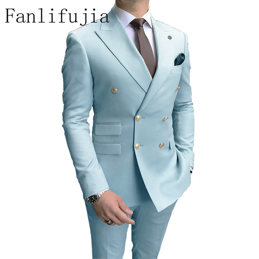 Color: GRAY, Size: 5XL - Fanlifujia Store 2024 Casual Sky Blue Men Suits Double Brested Peak Lapel Gold Button Groom Wedding Tuxedos Best Costume Homme