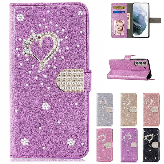 Color: PURPLE, Material: Acrylic - Wallet Leather Case For Samsung Galaxy S25 Ultra S24 FE S23 S22 S21 S20 Plus A35 A55 A13 A15 A16 A34 A54 Flip Flash Diamond