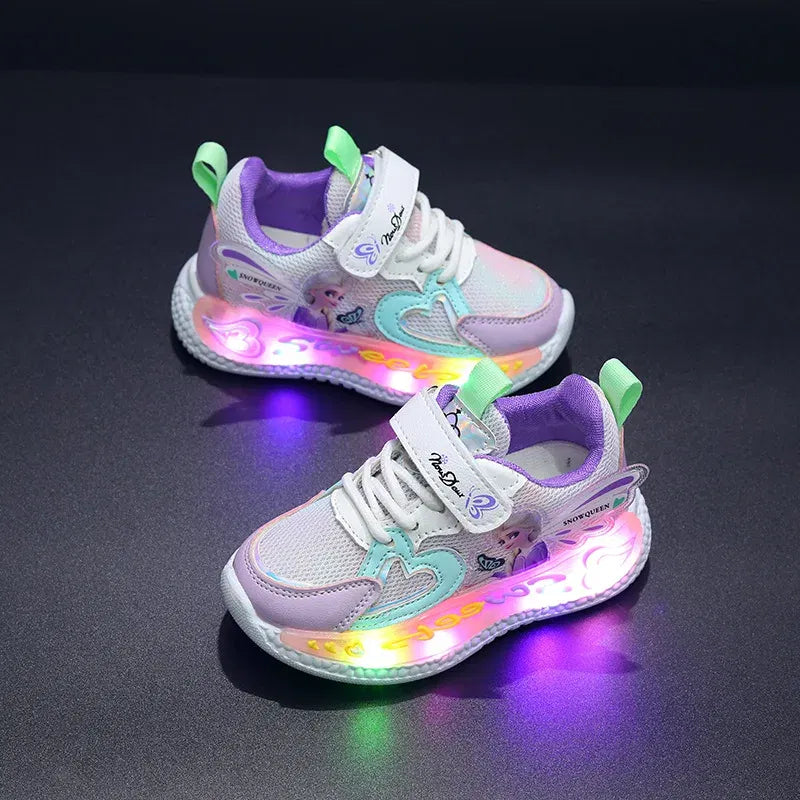Color: Pink, Shoe Size: 13 - Disney Children Led Shoes Kids Girls Sneakers Frozen Elsa Princess Lighting Shoes Pink Purple Casual Sports Shoes Size 21-31