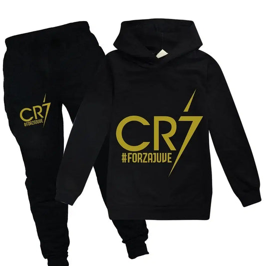 Color: black, Kid Size: 7T - Kid's Spring Autumn Football Idol CR7 Clothes Hoodie+Pants Suit Suitable For Sports And Leisure Xmas Birthday Gift ildren