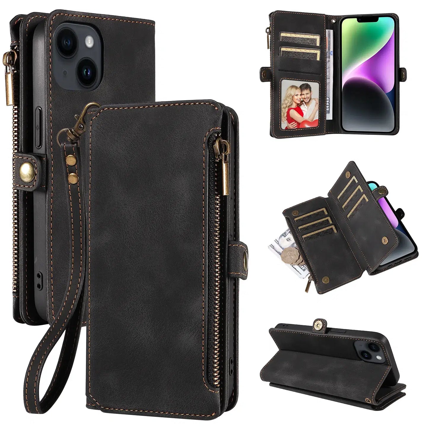 Color: Blue, Material: aluminum - Zipper Multi 9 Cards Wallet Case for OPPO Reno 12 10 8 7 6 5 Pro 11F 11A 8T 6Z 5Z Retro Leather Lanyard Wrist Strap Phone Cover