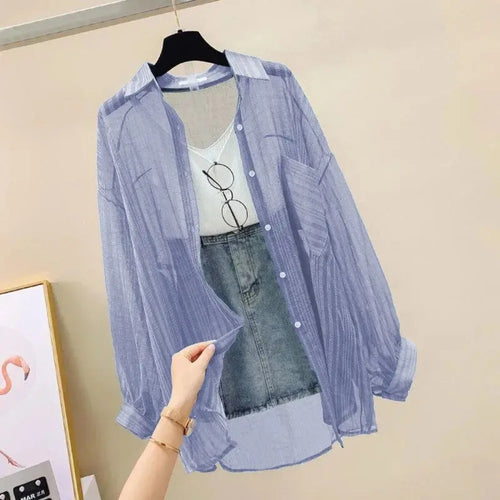 Camisa de verano con protección solar, elegante perspectiva, blusa fina de gasa coreana
