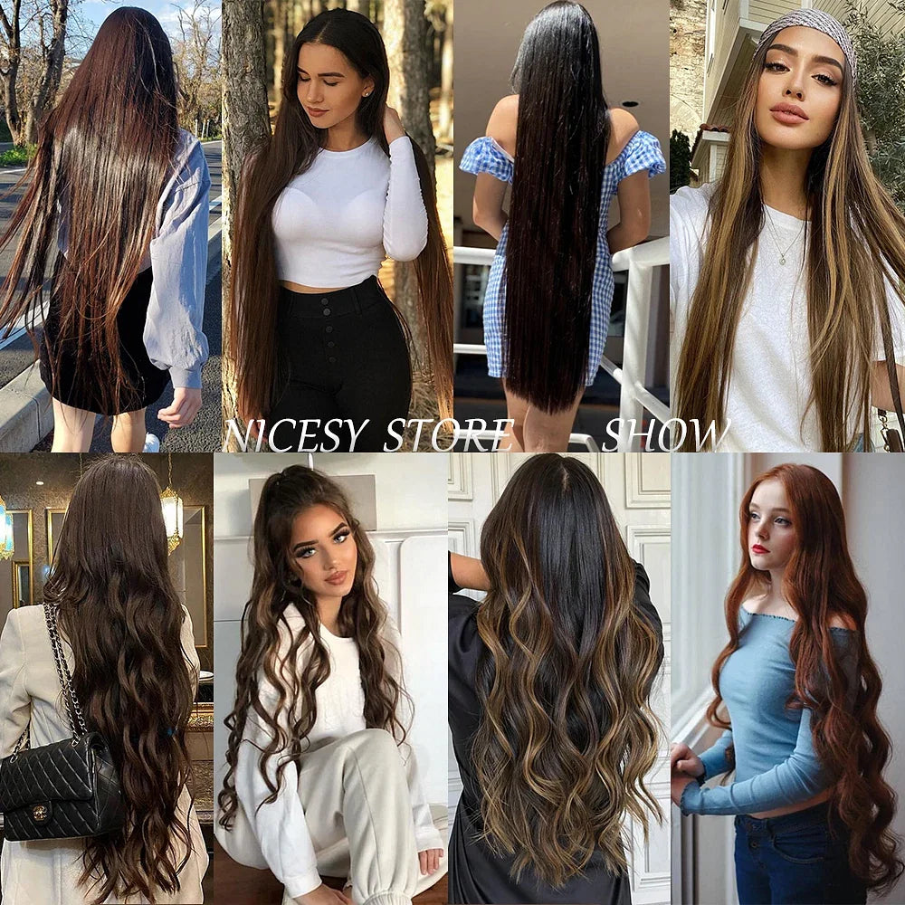 Color: T1B/Red, Stretched Length: 32inches, Ships From: CHINA - Synthetic Natural Wavy No Clip Fish Line Invisible Hair Extensions Mixed Color Blonde Black Artificial False Hair Piece ForWomen