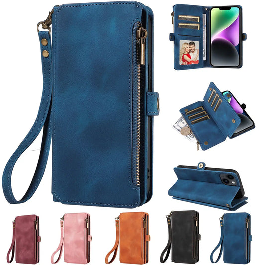 Color: Blue, Material: aluminum - Zipper Multi 9 Cards Wallet Case for OPPO Reno 12 10 8 7 6 5 Pro 11F 11A 8T 6Z 5Z Retro Leather Lanyard Wrist Strap Phone Cover