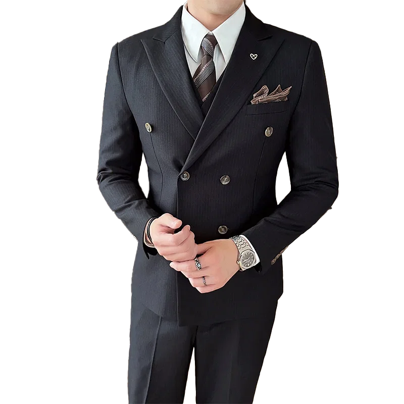 Color: SKY BLUE, Size: XXL - 2025 Men's Double Breasted 3/2 Piece Business Casual Wedding Dress Suit with Trousers Regular Fit Bridegroom High Sense
