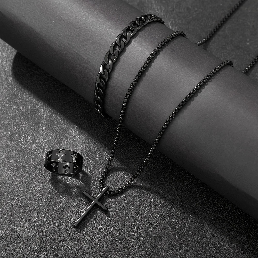 Conjunto de joyería de aleación de moda para hombre de 3 piezas: collar con colgante de cruz,