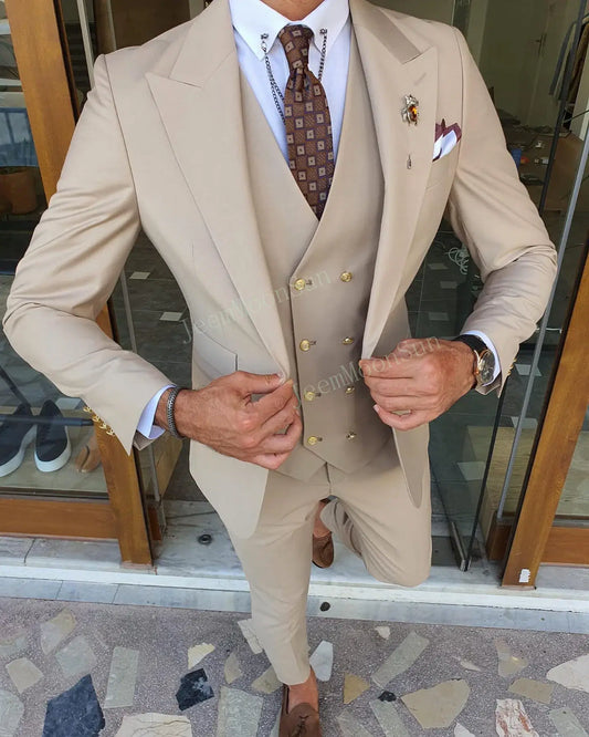 Color: Khaki, Size: L, Ships From: CHINA - 3 Pieces New White Men's Suit 2022 Peak Lapel Slim Fit Casual Tuxedos Groom Tailor Made Terno Masculino (Blazer+Pants+Vest)