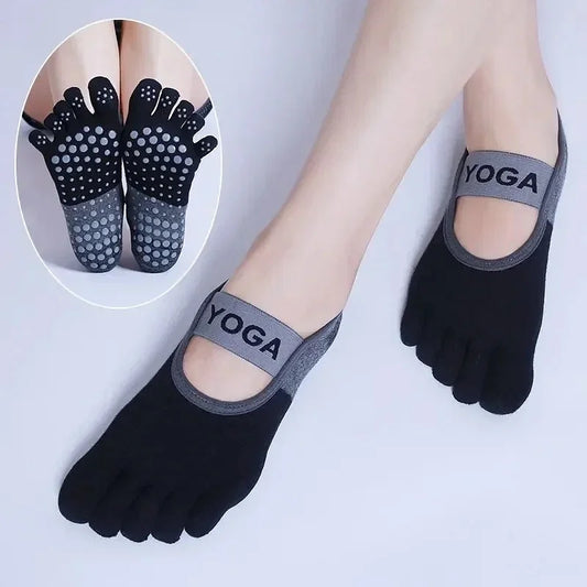 Color: Blue - Ladies Breathable Yoga Socks Silicone Non-Slip Five Finger Pilates Socks for Backless Fitness Ballet Dance Cotton Gym Socks