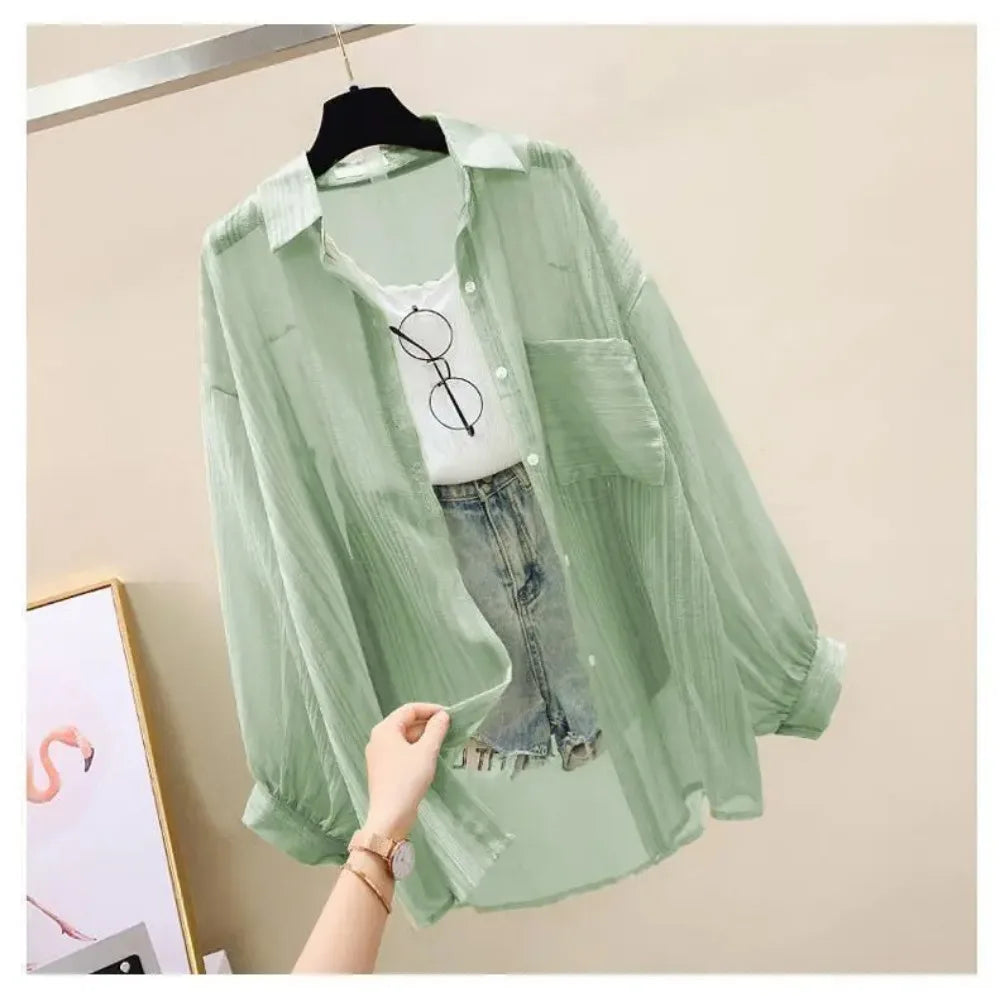 Camisa de verano con protección solar, elegante perspectiva, blusa fina de gasa coreana