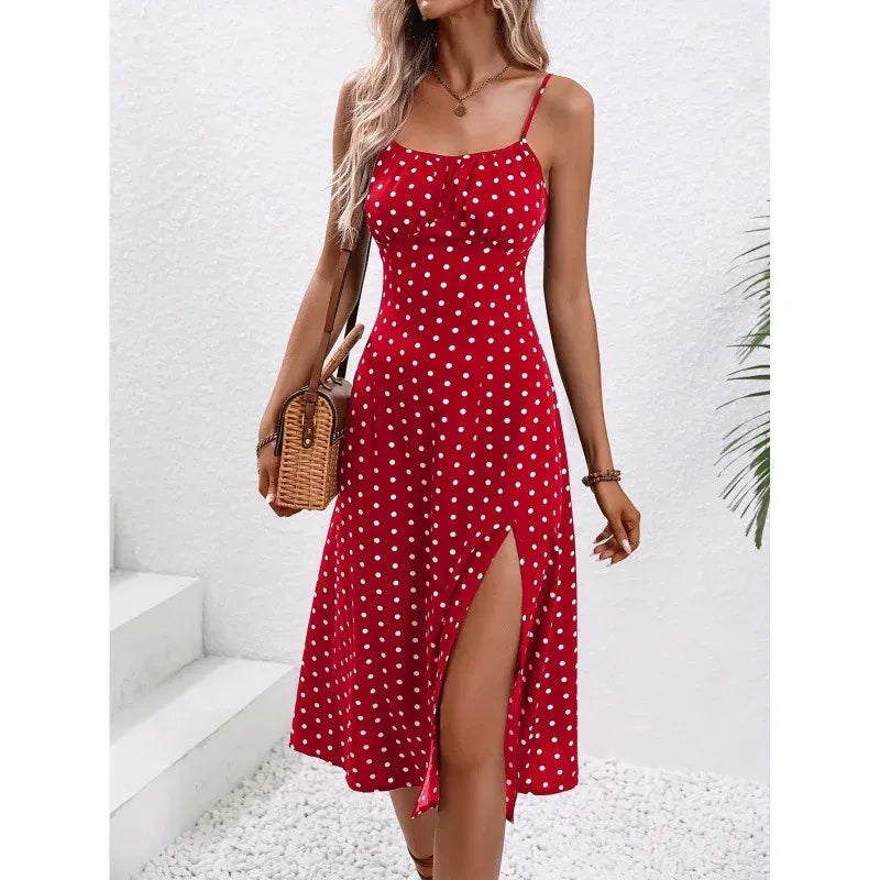 Color: Verde oscuro, Talla: XL - Vestido de verano 2025 con tirantes finos, estampado de lunares, sin mangas, con abertura, estilo bohemio, informal, para playa.