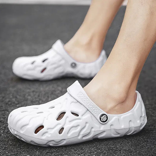 Color: PURPLE, Shoe Size: 41 - Men Summer Slippers Thick Sole Mens Clogs Sandals Hollow Breathable Flip Flops Sandals Shoes Fashion Beach Slippers